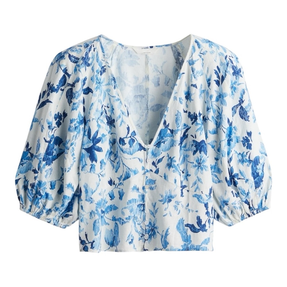 H&M Linen Blend Blue White Floral Blouse X Large